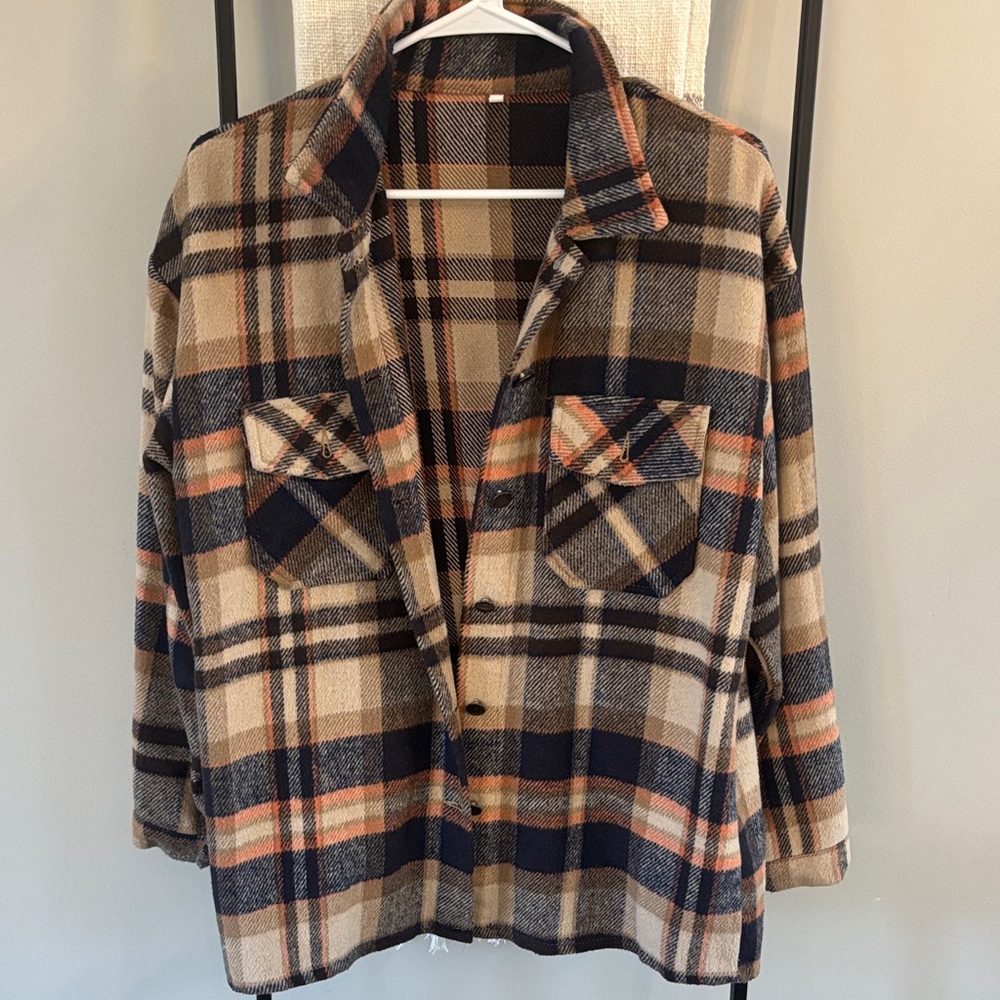 Plaid Shacket Jacket in Navy, Tan & Cream